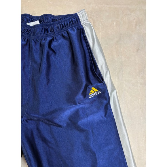 VTG Y2K Adidas Men's Shiny Silky Navy Blue Track Pants Silver Stripe 2000's Sz L - Picture 1 of 12
